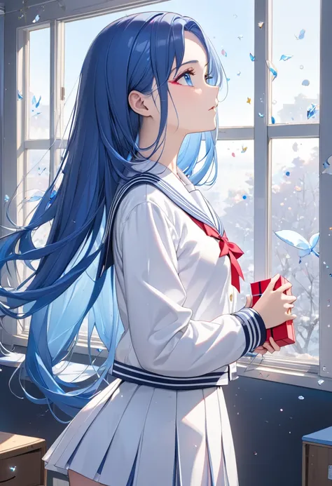 (beautiful and delicate) (Spectacular views illustration), in a white winter school sailor suit, bottoms is navy skirt, (profile:1.3, focus face, lookup and looking away), break, (both hands holding red Gift Box), (solo, age 15) (delicate forehead vivid bl...