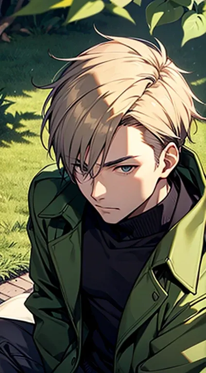 ((Satoshi)) brown short hair, guy, black turtleneck, green jacket, sitting at a park, a bit close, top view