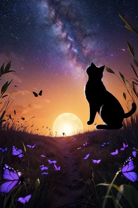  in a position where the cat is chasing butterflies with their front legs raised。 draw silhouettes of cats and butterflies with the night sky in the background 、 stars and galaxies spread out in the background 。The colors are mainly purple and blue, and 、 ...