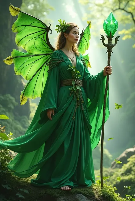 **Outfit:** An emerald green robe adorned with living plant ornaments, symbolizing harmony with nature. Radiant green wings featuring leaf-like details.  

**Equipment:** An emerald staff with a crystal at its tip, emanating natural energy.  

**Powers:** ...