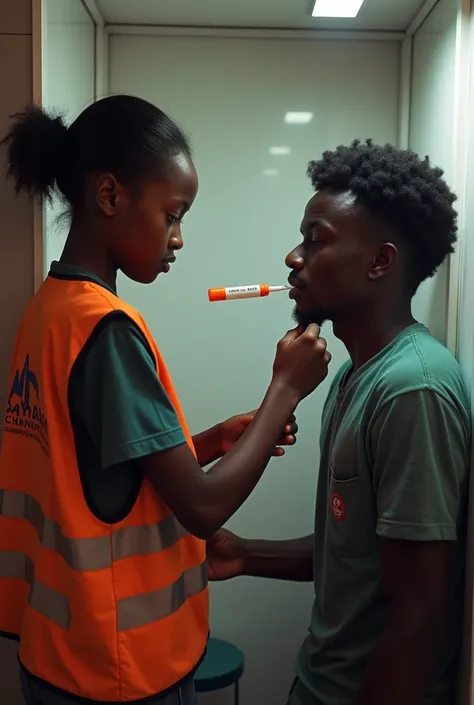  a young girl dressed in a vest where it says SOJUCIB ,  does an HIV test to a young African man/AIDS in a screening box with the saliva self-test  