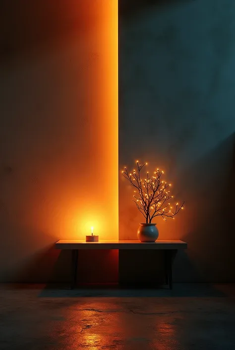 There should be a beautiful wall with a torch burning on one side of the wall and a lamp light placed on the ground on the other side and a cinematic room should look like a cinematic screen environment with atmospheric color grading and a beautiful wall a...