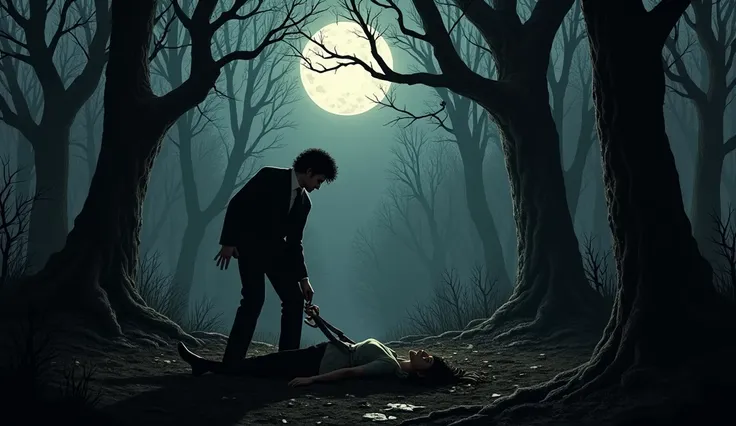 An eerie, moonlit forest where Ted Bundy is seen disposing of a victims body.