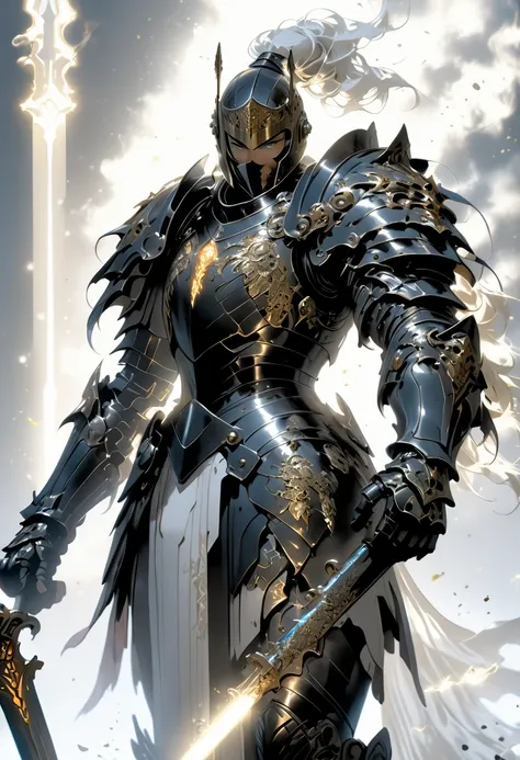 breathtaking A  very detailed  DIGITAL PAINTING of a powerful knight in armor holding a large, Shield decorated with heroic poses, An extremely detailed full-body knight in shiny black armor with intricate patterns, Standing in a dramatic pose, Huge in one...