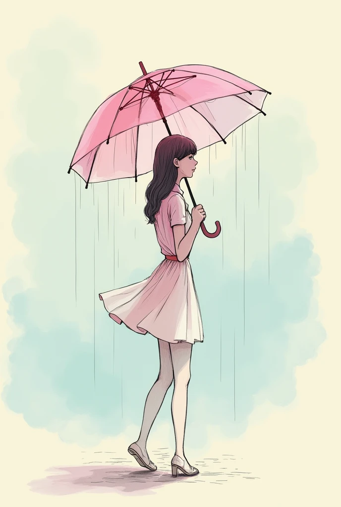 A minimalist artwork combining real materials of a transparent pink umbrella and sketches of a woman holding the real umbrella, a real raining drops from the umbrella falling down on the ground filled with water, light blue and yellow As background, master...