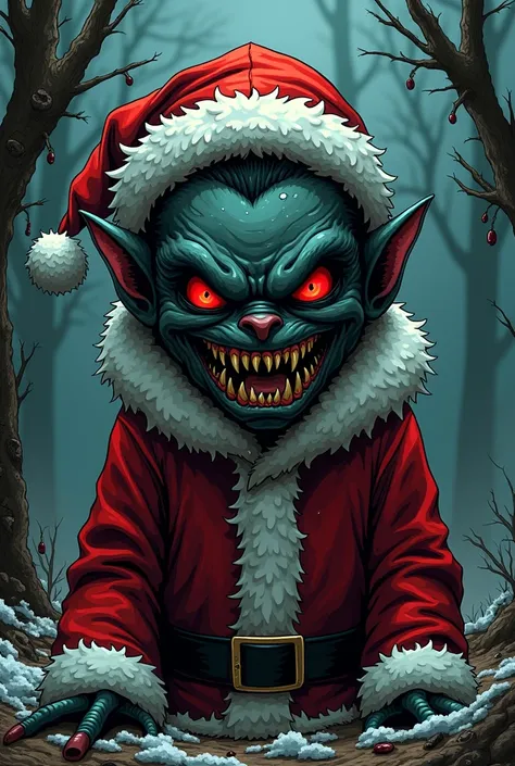 Draw comic style a dark being, a dark face, smile with piranha teeth, red eyes in a Christmas costume in front of a fading Christmas tree