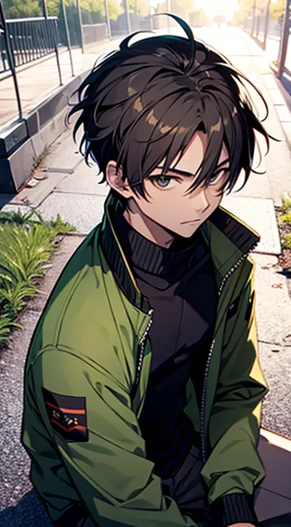 ((Satoshi)) brown short hair, guy, black turtleneck, green jacket, sitting at a park, top view