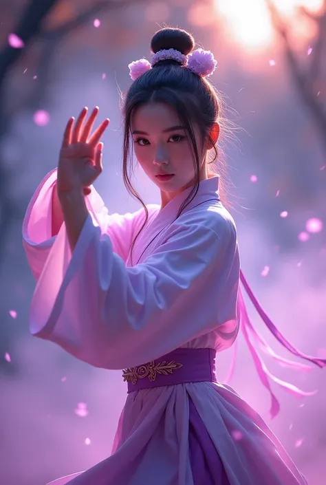 A handsome Chinese girl, Sharp eyes ,  remove the clear facial appearance ,  wearing a hanfu suit ,  fighting posture ,  martial arts movement,  body surrounded by purple haze , Runes around ,  virtual holograms ,  holographic waning sun , motion blur, Gam...