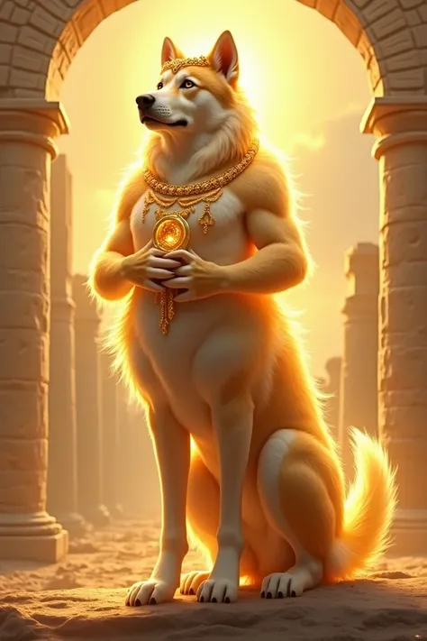 A fusion between Apollo ,  the Greek god of light and music , and a dog,  creating a majestic and radiant creature .  The figure has the posture and the countenance of Apollo ,  with golden hair and a crown of laurels ,  but his body is partly canine  ,  w...