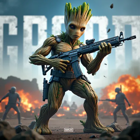 Groot is in the middle and holds an M416 max ice weapon in his hand, the background is the word GROOT in Groots colors under Groots feet and a PUBG-related image in the background.