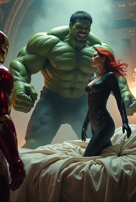 Hulk fighting black widow on a bed while iron mam watching