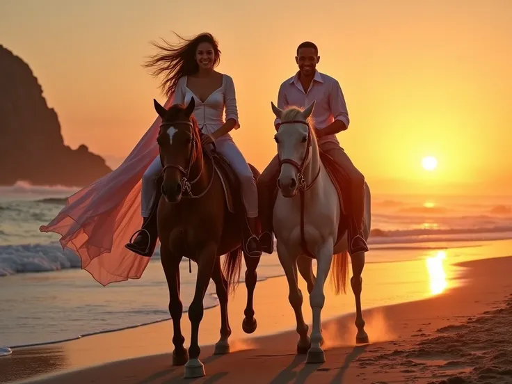  create an image of Lady Oscar and Andre riding horses on the beach coast and in the background a sunset is shown heading to the left, The two characters who are doing a horseback ride and both look happy 