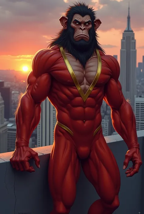 Illustration of Muscular hunk   21 years old  primitive half transformed anthropomorphic  Ape man, Simian aka Mikey Coburn wearing red and gold body suit on Rooftop, cityscape, dusk, Art in the style of Alex Ross