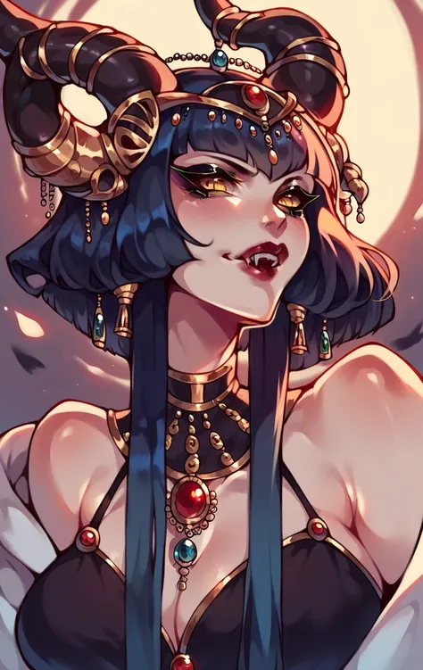 masterpiece, best quality, Eliza, vampire, face portrait, beautiful, horns, yellow eyes