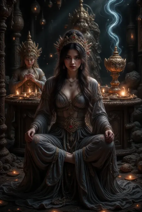 Airbrush watercolor painting of a charming and mysterious young Thai woman sitting in a dimly lit room decorated with Buddha statues and spiritual decorations. Her hair is long and black, and she wears elaborate jewelry, including a headband, necklace, and...