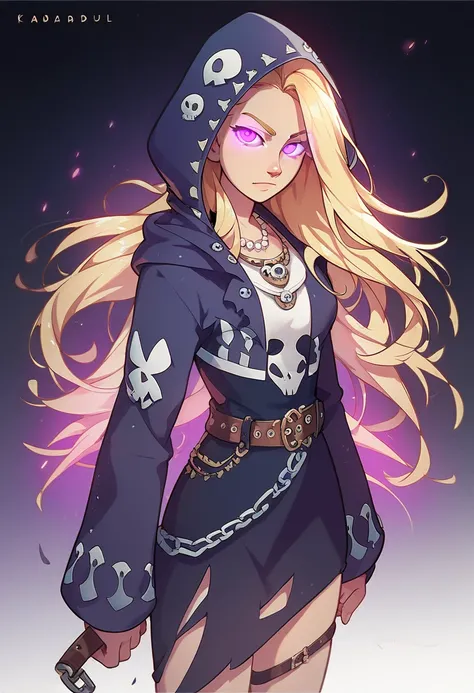 1girl, solo, long hair, looking at viewer, blonde hair, long sleeves, dress, jewelry, closed mouth, standing, purple eyes, belt, artist name, hood, necklace, torn clothes, glowing, glowing eyes, cloak, hood up, skull