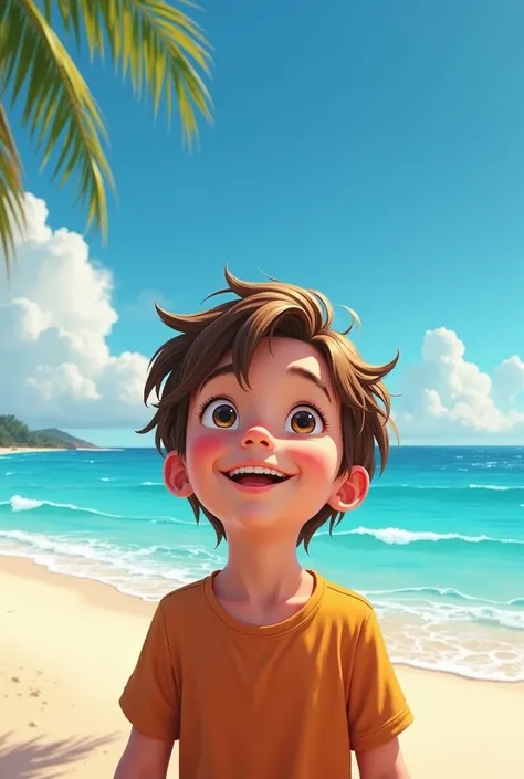 Create an image of a boy who dreamed of visiting the beach 