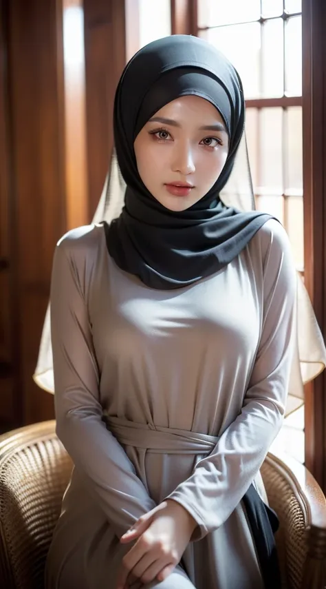 1girl, solo, beautiful face, high detailed realistic eyes, double eyelids, high detailed realistic pupils, (upon body from head to waist:1.36), (wearing hijab:1.37), (moslem headscarf:1.37), reading glasses, sitting alone on a long chair, amazing mosque pa...