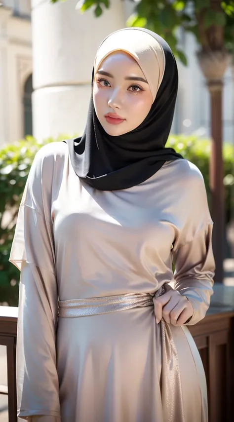 1girl, solo, beautiful face, high detailed realistic eyes, double eyelids, high detailed realistic pupils, (upon body from head to waist:1.36), (wearing hijab:1.37), (moslem headscarf:1.37), reading glasses, sitting alone on a long chair, amazing mosque pa...