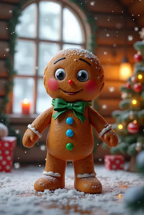 Gingerbread cookie with a leg ,  candy eyes and chocolate buttons that lives in a cabin that is snowing