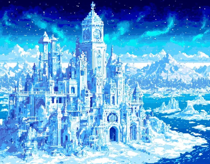  pixel art の風景.  evening . 3D  pixel art  4K 壁紙. 素晴らしい pixel art の詳細.  pixel art .  Vaporwave . 詳細なUnreal Engine pixel art ,A fantasy ice kingdom。A huge ice castle stands at the center, towering over a vast snowy field。The castle is made of shining pale ic...