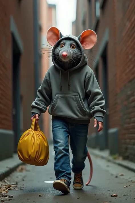 rat wearing a grey hoodie and blue jeans, walking down a narrow alleyway. The rat is holding a yellow bag in its right hand and appears to be carrying it with its left hand. The alleyway is lined with brick walls and there is a window on the left side of t...