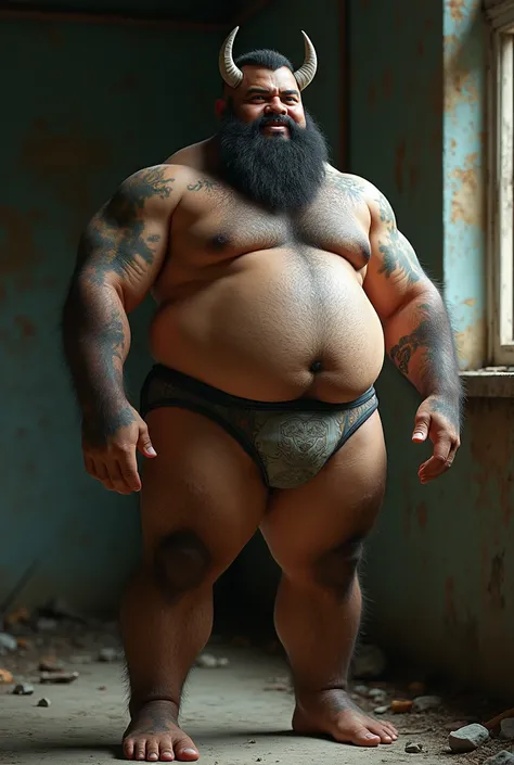  Maori man with a beard and short hair,  is fat and muscular  , wears transparent briefs  , It is in a. abandoned room,  showing his legs and feet, hairy arms and legs, es lampiño, tiene orejas de rinoceronte 