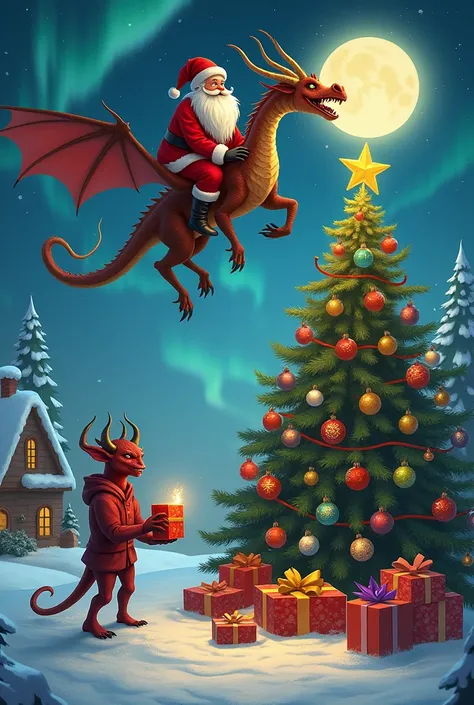 Christmas card with words Merry Christmas
Santa rides a dragon, has a tree, the devil has alien gifts.