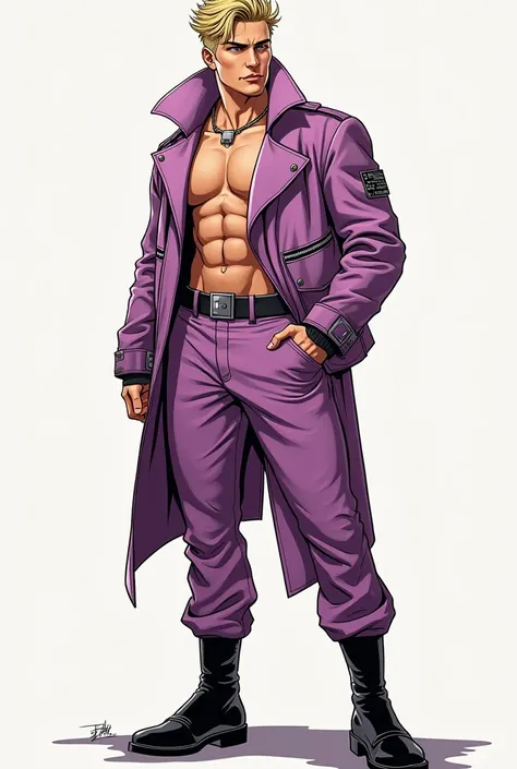 Illustration of  Muscular hunk 18 year old blond caucasian Vaughn Harris aka Awesome boy wearing asymmetrical retro futuristic French mauve jacket, pants and black boots    art in the style of Jim Lee