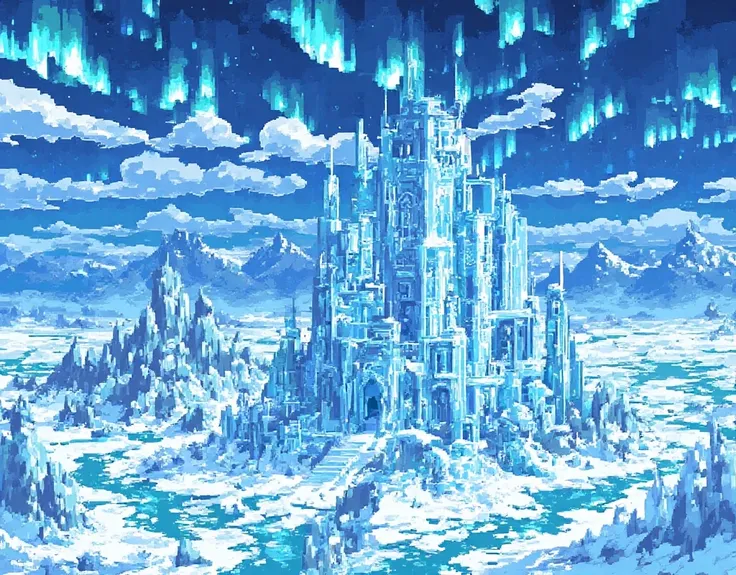 A fantasy ice kingdom。A huge ice castle stands at the center, towering over a vast snowy field。The castle is made of shining pale ice、Towers and spires reach into the sky、The intricate ornamentation is carved into the image。The Northern Lights light up the...