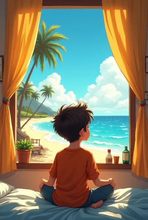 Create an image of a boy who was in his room and dreamed of visiting the beach 