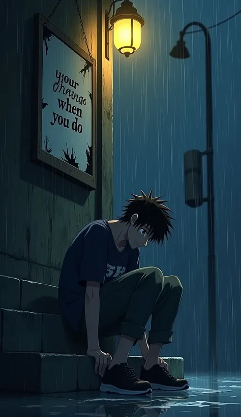 Haruto, soaked from the rain, sits on the steps of an old building late at night. His head is lowered, and his anime eyes are filled with large tears, pain and self-doubt as water drips from his hair and clothes. The dim glow of a streetlamp nearby casts l...