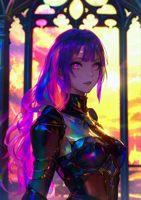 The background is a sunset sunset 、 medieval cityscape with basket、Inside the kaleidoscope、 stained glass background 、Legendary Scenery 、 mythical scenery unfolds、The cathedral shines brightly、red and green contrast 、Path of Light、((  Holographic  )), （I c...