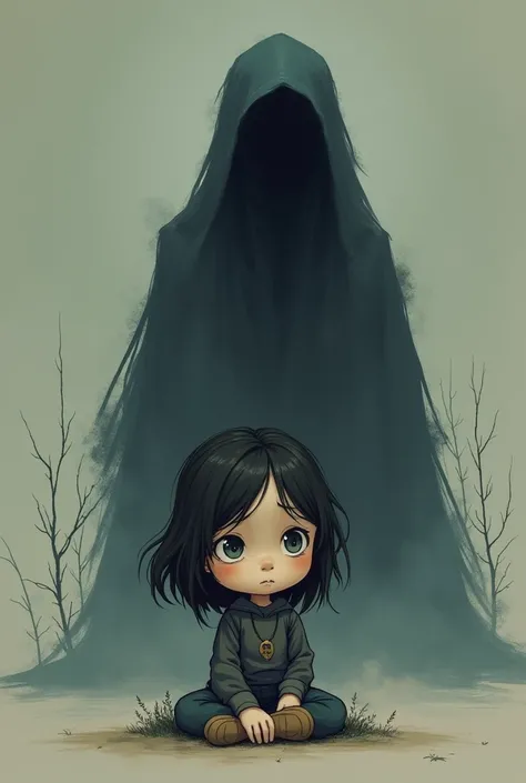 can you make me an ai picture that shows death. For example, a cartoonized girl waits for her time, which is her death, what will she look like. Make her a real real sad thinking about that