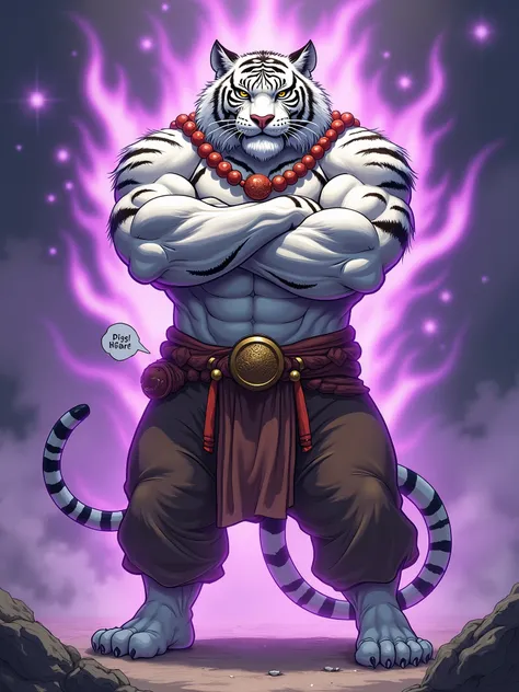 **Anthropomorphic white Tiger_male**, 1boy, male_focus, muscular, furry, muscular_male, tiger_man, crossed_arms, animal_ears, bara, pectorals, white_fur, tail, topless_male, tiger_ears, pelvic_curtain, **Brown trousers**, solo, tiger_stripes, abs, tiger_ta...