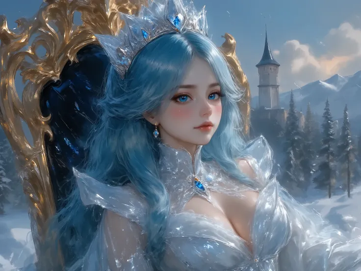 Amidst the silent snows of her icy domain, the Ice Queen with Snowflake Blue hair, her eyes like jewels in the snow and icy blue skin with vibrant makeup sits on a throne that blends gold with ice. Her gown, a marvel of ice craftsmanship, clings to her wit...