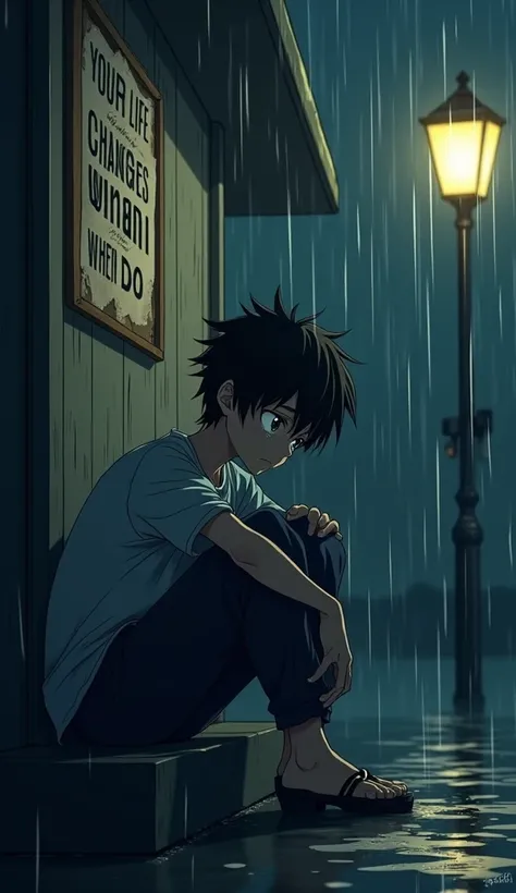 Haruto, soaked from the rain, sits on the steps of an old building late at night. His head is lowered, and his anime eyes are filled with large tears, pain and self-doubt as water drips from his hair and clothes. The dim glow of a streetlamp nearby casts l...