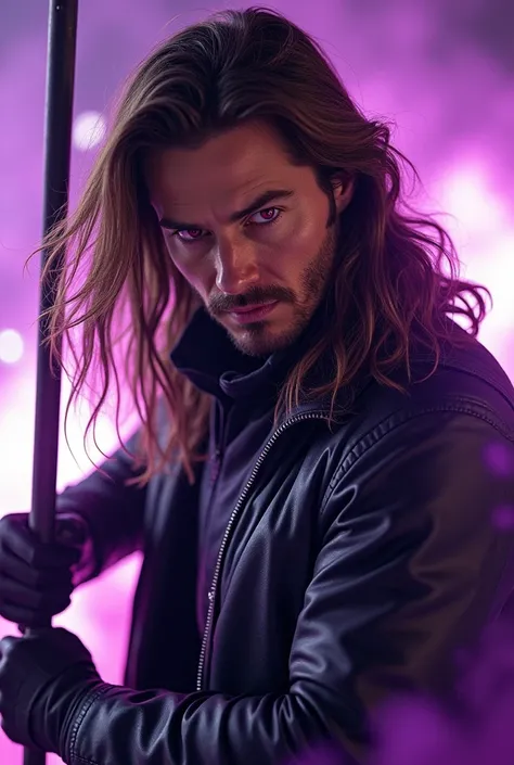  Close-up of an improved masterpiece:1.5)0.9],  Remy Lebeau , Gambit , ( Taylor Kitsch ) (Long brown hair) (Ojos rojos:1.2) (Bo :1.0) ( Purple Explosions:1.1)