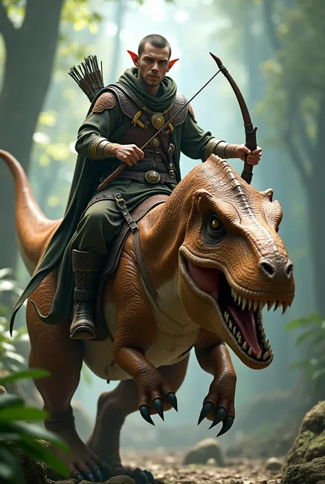 A Man Elf wearing a robe. The Man elf is also holding a bow. He is riding a T-Rex with a saddle.