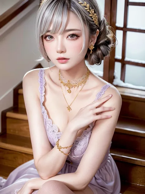  Purple Lace Song     &   good, (((   very elegant and beautiful, perfect detail,    super detailed))), whole body,    The most detailed girl   ,   Depth of the Boundary , 美しく詳細なwhole body, Thin legs,    1 girl, 30 years old,    very short hair, Spiked Hai...