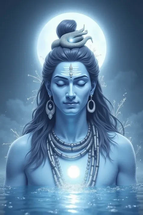 Radiant and Peaceful Lord Shiva
"Generate an artistic image of Lord Shiva with a white face that glows softly, representing peace and divinity. His matted hair should be tied in a bun, adorned with the crescent moon and flowing water symbolizing the Ganga ...