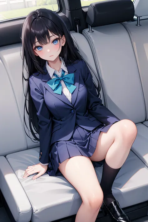 high school student ， Has long, dark hair ， with warm blue eyes ， Wore a fresh blue suit and black heels ， pure white collar and bright green bow 。 has long dark hair and warm blue eyes ， sitting in a car seat ， spread legs