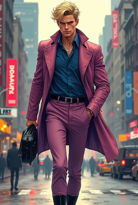 Illustration of  Muscular hunk 18 year old blond Caucasian Vaughn Harris aka Awesome boy wearing asymmetrical retro futuristic French mauve jacket, navy blue shirt, French mauve pants and black boots  on patrol in city  art in the style of Jim Lee