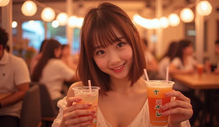 real photo,Young and cute japanese girls, japanese,year-end party, fun, lively, sweets, juice, dynamic angle, dynamic pose