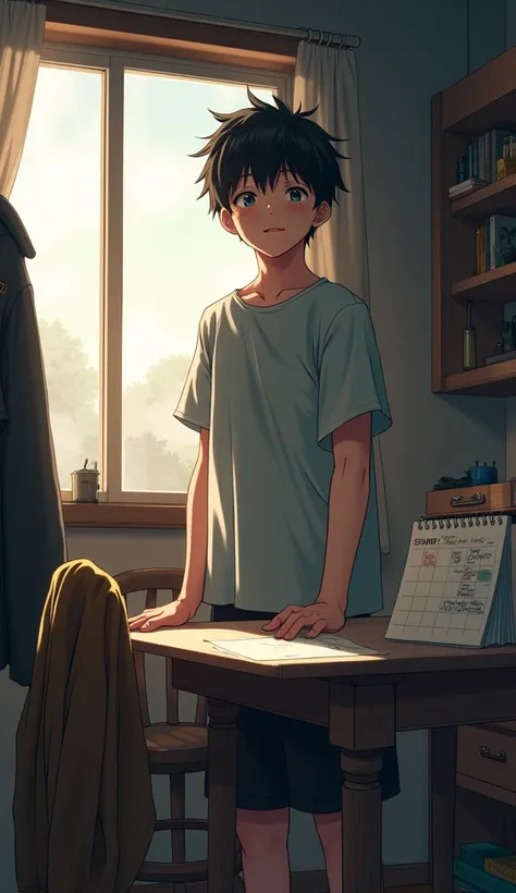 Haruto stands in his small, cluttered apartment, gripping the edge of a table with determination. His anime-style face is illuminated by the first rays of sunlight streaming through a cracked window. In the background, his old jacket hangs on a chair, stil...