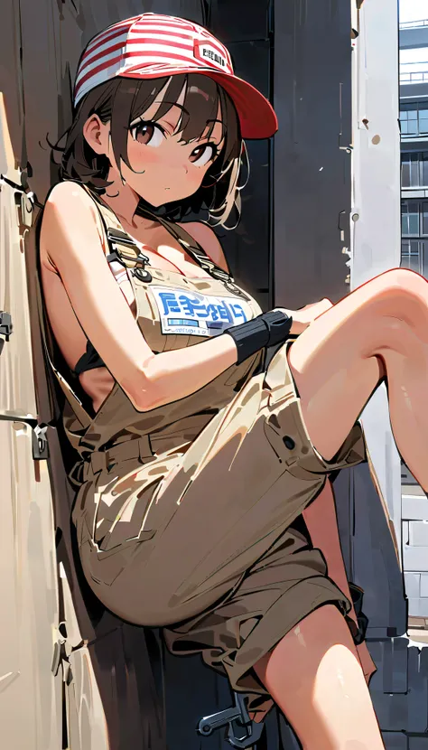 Khaki overalls, red patch, (Leaning against wall, sitting with one leg up: 1.3), automobile factory, cropped short hair, droopy eyes, front parted hair, (striped baseball cap: 1.2), (back of brim: 1.2), masterpiece, name tag, sexy pose, wrench in one hand,...