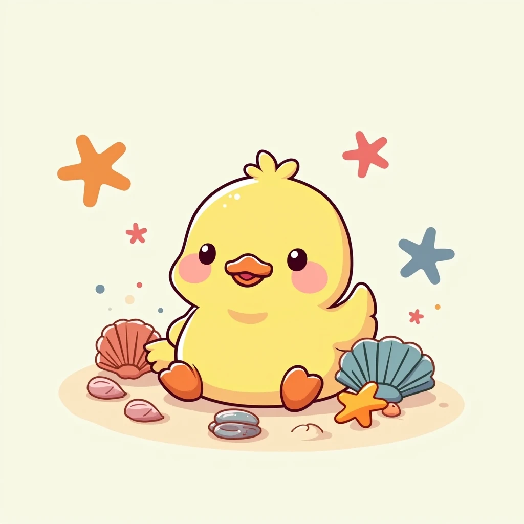 /imagine prompt: STYLE: flat vector illustration | SUBJECT: a playful duck, surrounded by seashells and starfish | AESTHETIC: super kawaii, bold outlines | COLOR PALLETTE: pastel | IN THE STYLE OF: Sanrio, Gudetama and Lotte --niji 5