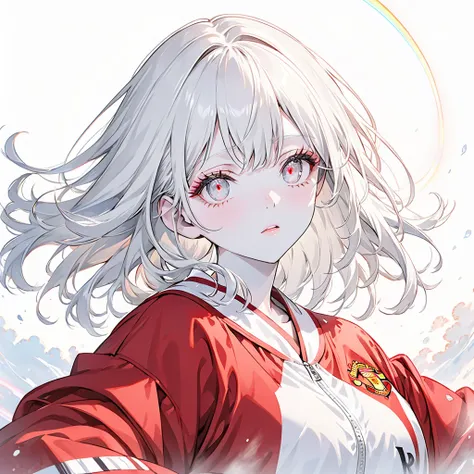    Masterpiece  ,   best quality, ((Pure white background)),   Bent permanent   ,   slim, Albino woman  ,  white hair , White eyelashes, red eyelashes ,White eyelashes,White Eyes,淡いWhite Eyes,Colored Eyes ,White eyebrows, Cold Face,   white skin,Wear a Man...