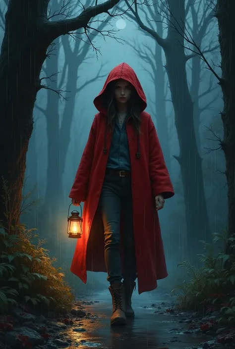 Little Red Riding Hood 18 years old. Walking in the woods. Night. It is raining