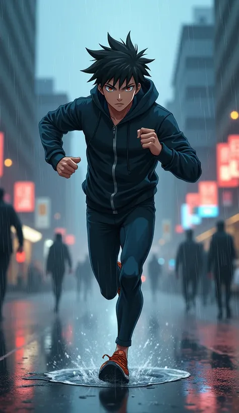 Haruto sprints through the same rainy streets where he once followed the girls, but now his anime eyes are filled with fierce determination. His athletic build is more defined as he wears a fitted hoodie and running pants. The rain pelts down harder, but H...